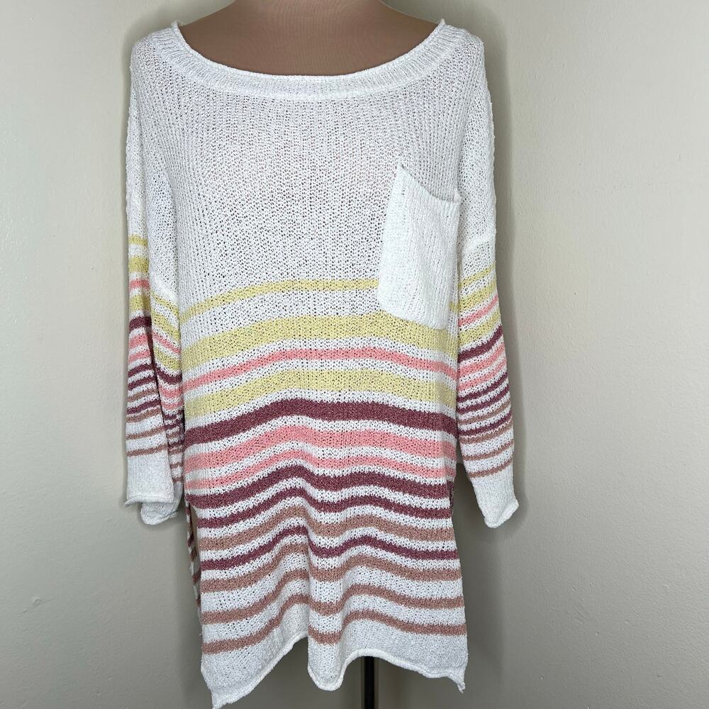 POL Sweater Small Womens Knit Tunic Top Keyhole Relaxed Striped Versatile White